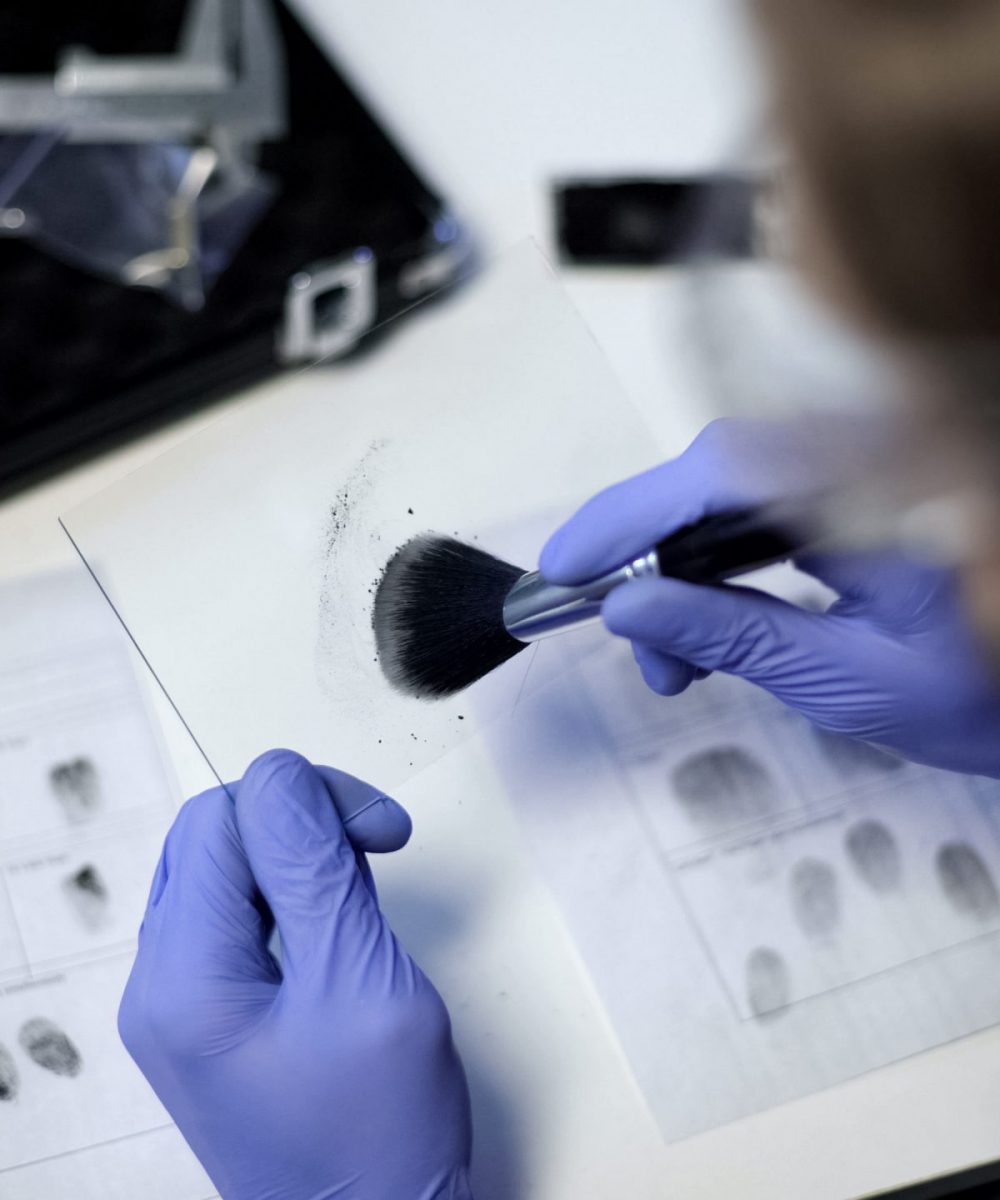 Private detective using powder and brush to take fingerprint from piece of glass
